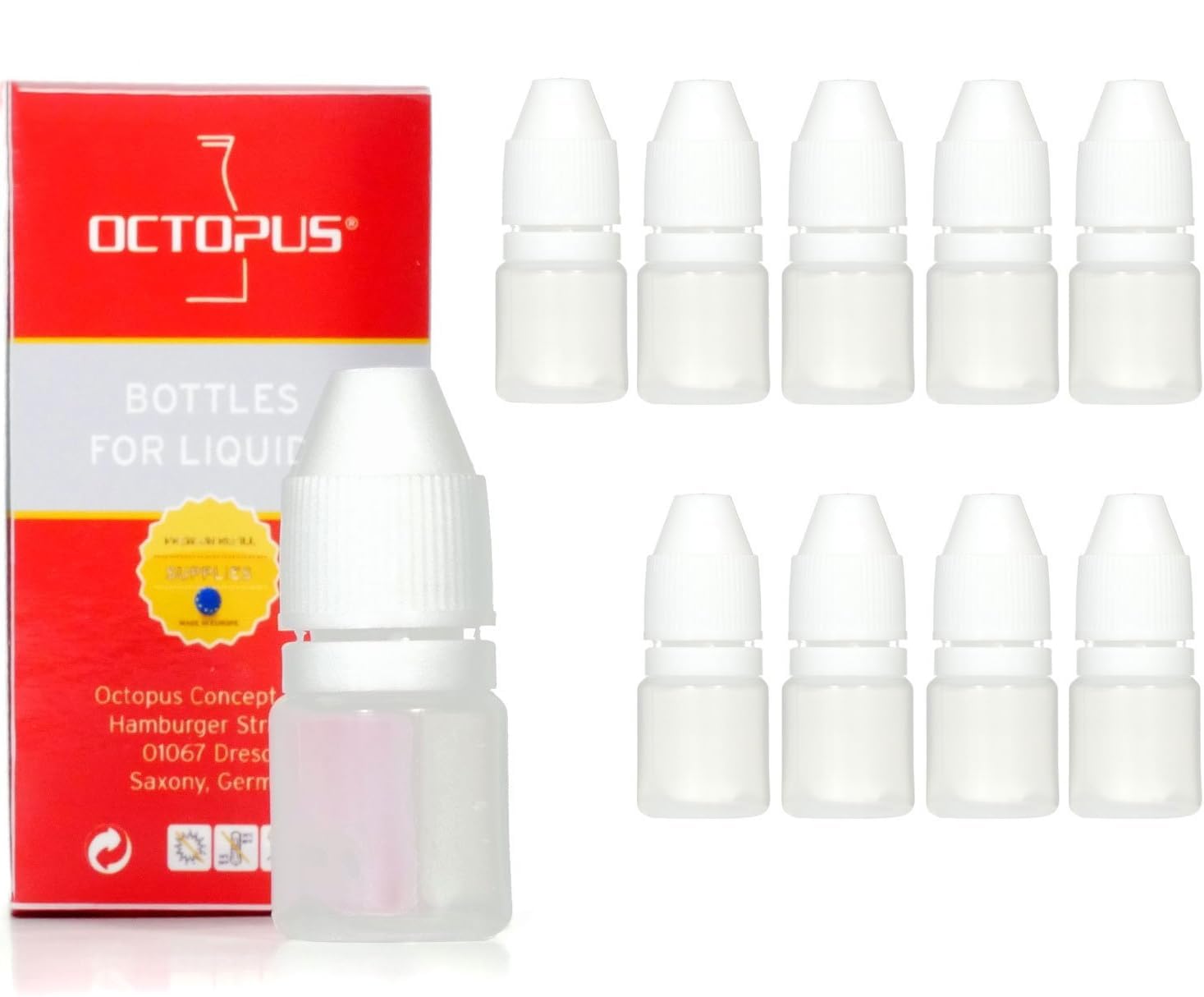 Octopus 10 x 3 ml mini dropper bottles for colors, serum etc., squeeze bottles with white drip closure