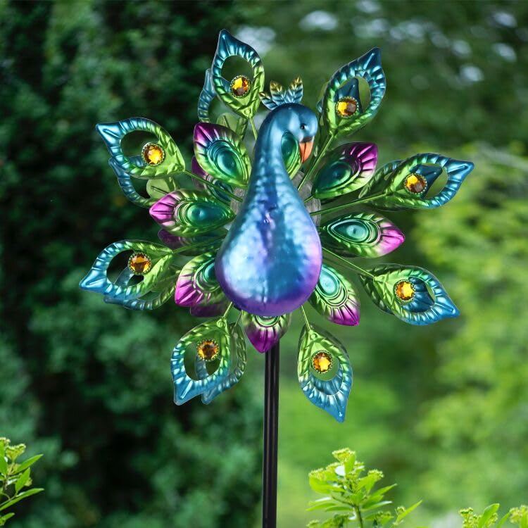 Photo 1 of Roaming Light Peacock Solar Wind Spinner, 62Inch Double Wind Sculpture with Color Changing LED Light, Outdoor Yard Spinners, Garden Wind Catcher Wind Mills