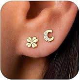 Ritach Initial Stud Earrings for Girls Women - 2 Pairs S925 Sterling Silver Post Lucky Clover Stud Earrings Hypoallergenic Gold Earrings Set Cartilage Initial Earrings for Girls Kids Teen Girl Gifts
