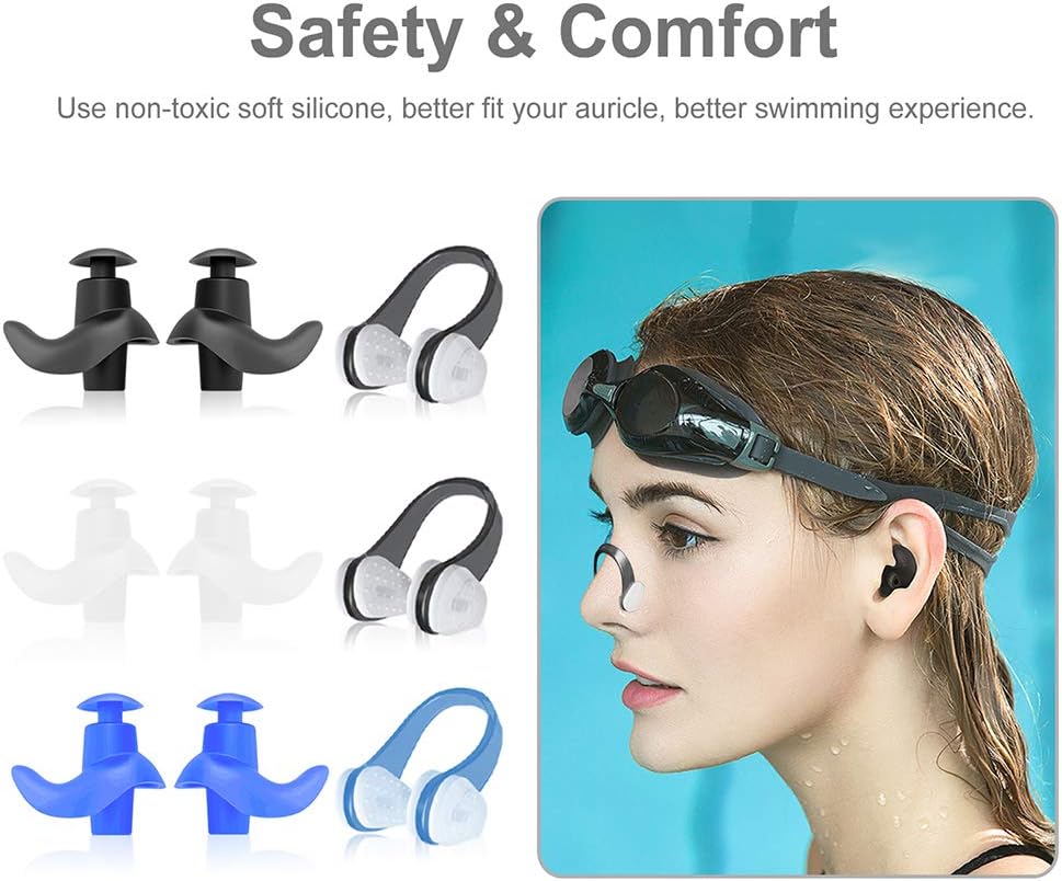 SYOSIN Swimming Ear Plugs Nose Clips, 3 Pairs Professional Waterproof Reusable Silicone Earplugs Nose Clips Nose Protector for Swimming Showering Surfing Snorkeling and Other Adults Water Sports: Health & Personal Care