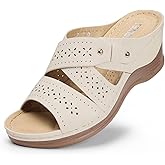 TEMOFON Wedge Sandals for Women Summer: Dressy Low Heel Sandals Black/Navy/White, Comfortable Walking, Arch support, Casual Slip on Summer Shoes, Size 5-11