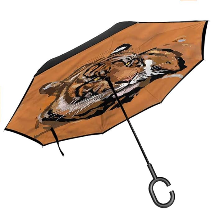 Kgblfd Safari Travel Umbrella, Exotic Dangerous Tiger Wild Upside Down UV