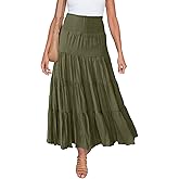 HAEOF Women's Summer Flowy Boho Maxi Skirt Trendy Smocked Waist Ruffle Tiered A Line Casual Beach Long Skirts Midi Dress