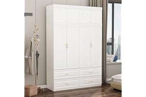 ECACAD Tall Wardrobe Armoire with 4 Large Doors, 3-Tier Shelves, 4 Drawers, Hanging Rod & 2 Compartments, Wooden Closet Storage Cabinet for Bedroom, White (63”W x 20.6”D x 93.9”H)