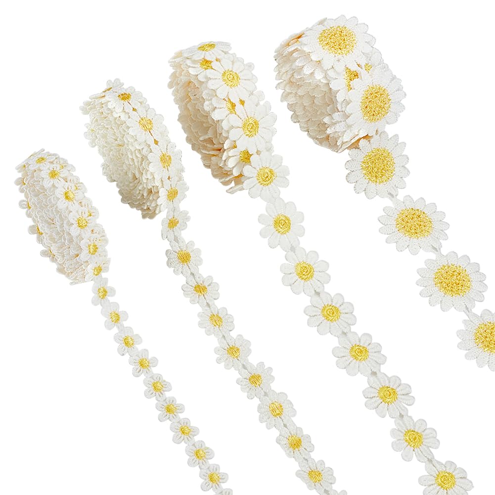 WADORN 12 Yards Daisy Ribbon Sunflower Decorating Lace, 4 Styles Flower Embroidered Trim Ribbon DIY Handmade Sewing Supplies Crafts for Clothes Wedding Dress Women's Hair Band Decoration