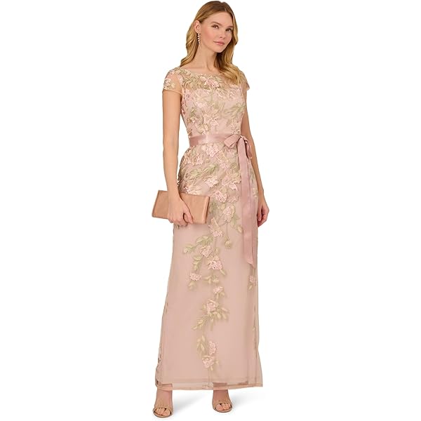 Adrianna Papell Women's Cascading Floral Colmn Gwn, Merlot Multi