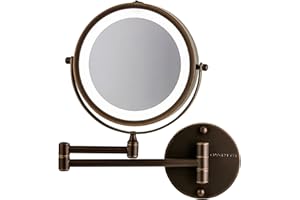 OVENTE 7" Lighted Wall Mount Makeup Mirror - 1X/ 10X Magnification, Battery Powered Glow Cosmetic Light up, Spinning 360-Degree, Double Sided LED, Extendable, Folding Arm, Antique Bronze MFW70ABZ1X10X