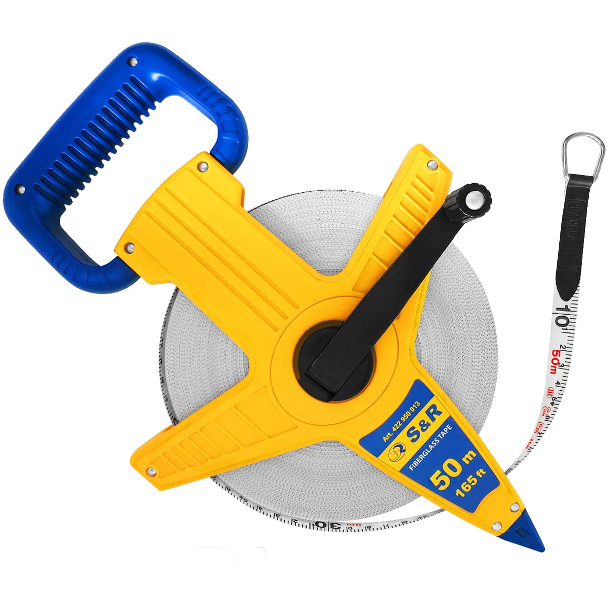 S&R Open Reel Surveyor’s Tape Measure – 50m / 165Ft Fiberglass Measuring Tape | Inch & Metric Dual Scale | Stainless Steel Ring & Fold-Out Crank