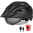 FUNWICT Adult Bike Helmet with Visor and Goggles for Men Women Mountain Road Bicycle Helmet Rechargeable Rear Light Cycling H