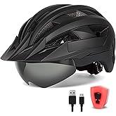 FUNWICT Adult Bike Helmet with Visor and Goggles for Men Women Mountain Road Bicycle Helmet Rechargeable Rear Light Cycling Helmet