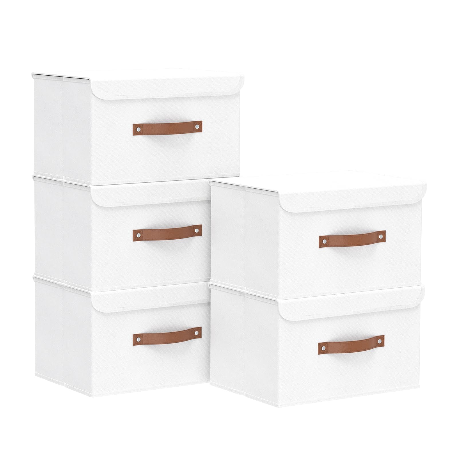 Yawinhe Storage Boxes with Lids 5 Pack, Collapsible Storage Bin with Handle, for Organizing Clothes, 33x23x20cm, White, SNK018WLS-5