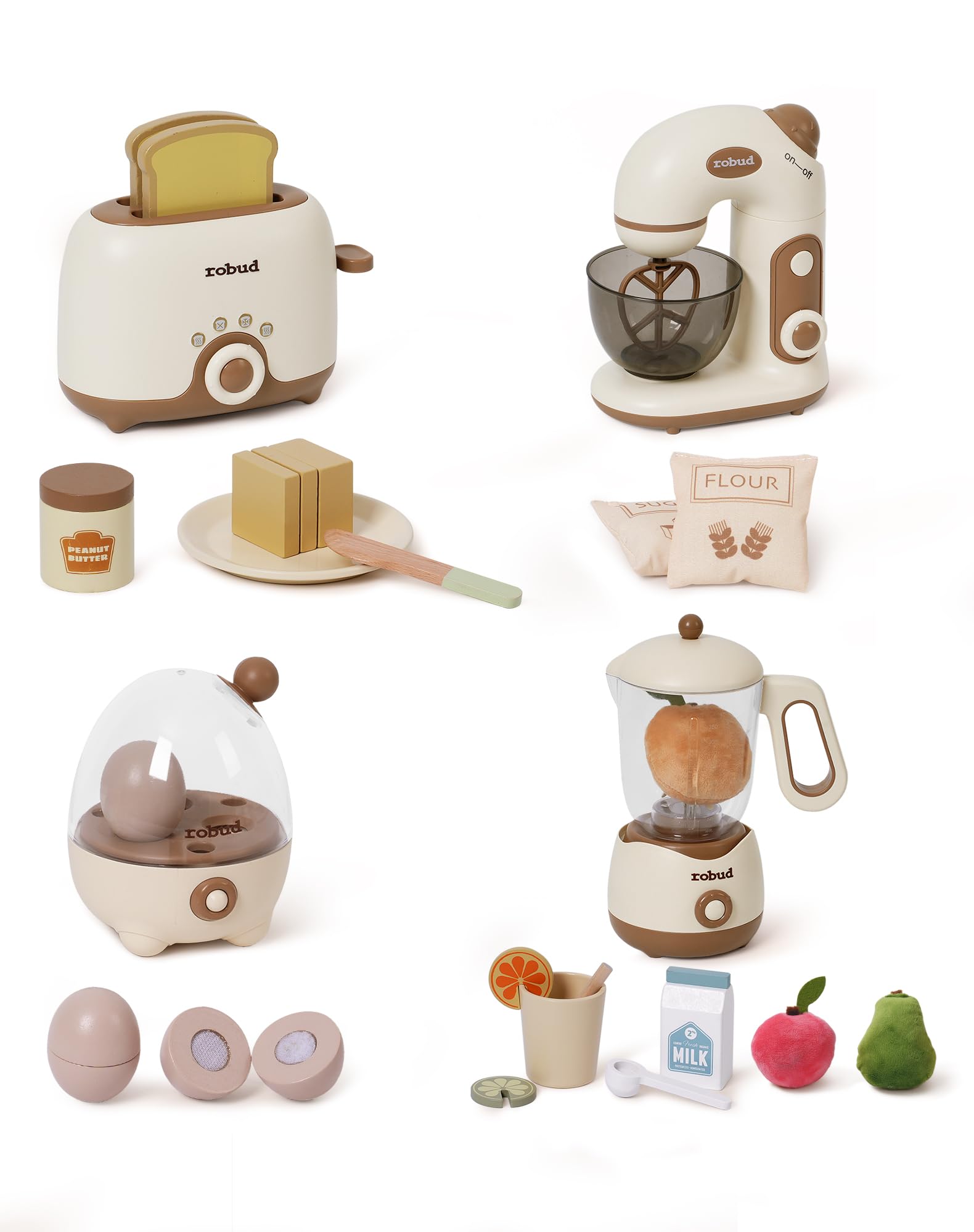 Photo 1 of ROBUD Pretend Play Kitchen Appliances, Kids Play Kitchen Toy Food Set with Egg Steamer, Mixer, Toaster, and Blender with Realistic Sounds, Play Kitchen Accessories forToddlers (4-Set)