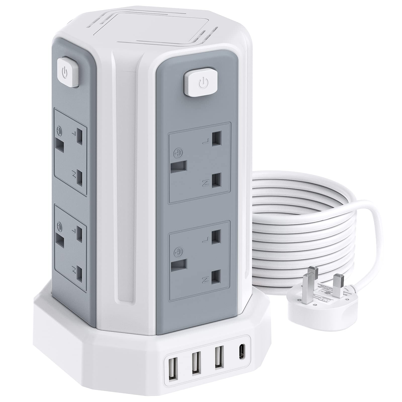 Tower Extension Lead 3M (3250W 13A) Extension Tower 8 AC Outlets & 4 USB Ports, Surge Protection Extension Lead with 4 Independent Switch, 17W USB C Ports Extension Cable 3M for Office, Home, Kitchen