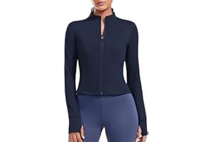 PINSPARK Women Cropped Workout Jackets Full Zip Slim Fit Athletic Jackets Thumb Holes Running Jacket with Zipper Pockets