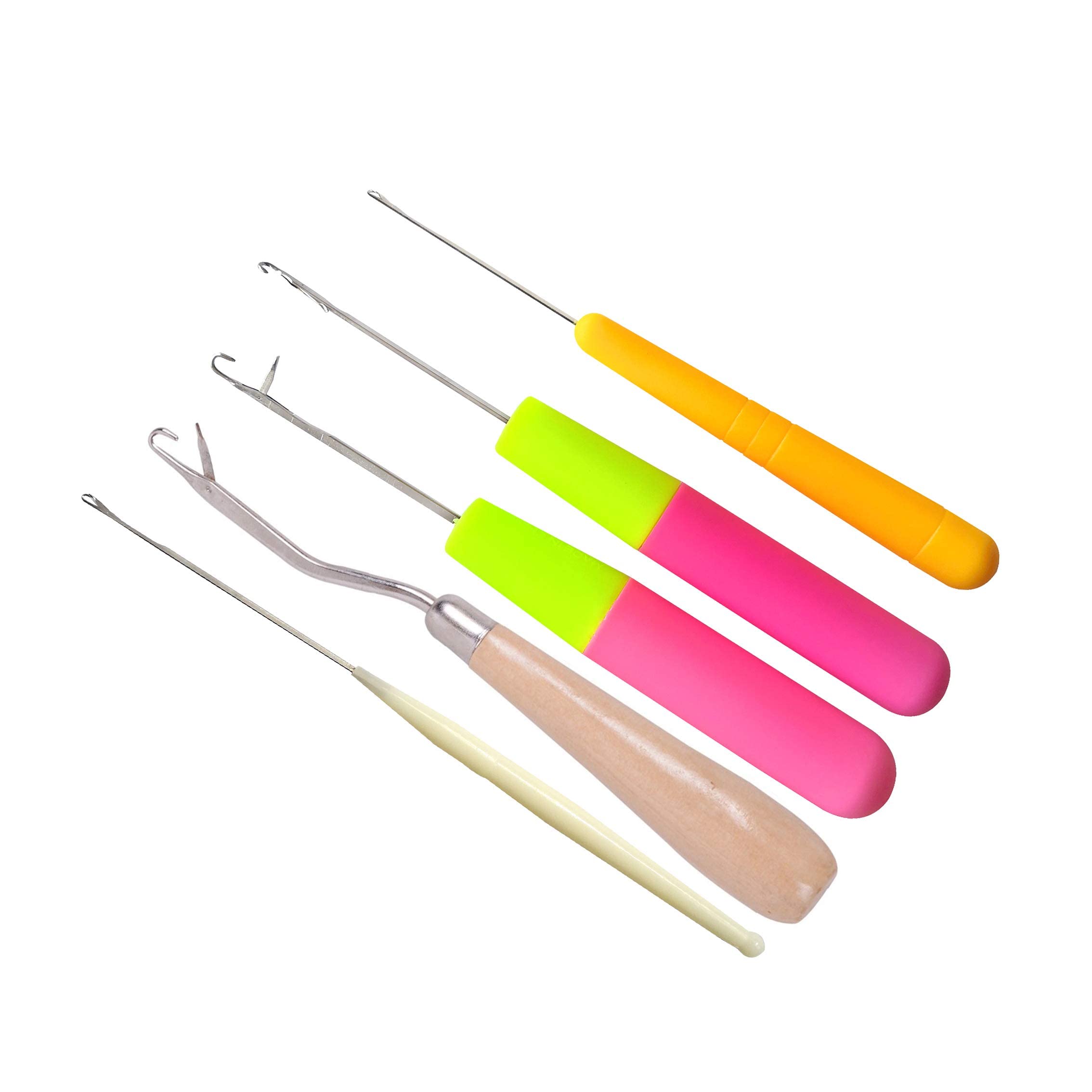 5pcs Hair Crochet Hook Bent Latch Hook Crochet Needle Set Tool Knitting Ventilating Needles for Hair Extension 1 Wooden Bent Latch Hook and 4 Size Plastic Latch Hook