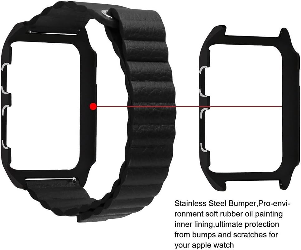 MORTREE Leather Band for Apple Watch Series 3 Bands, Genuine Leather Loop Apple Watch Band with Magnetic Lock Buckle and Metal Case Cover for Apple Watch Series3/2/1 Nike+,Sport,Edition(Black 42mm)