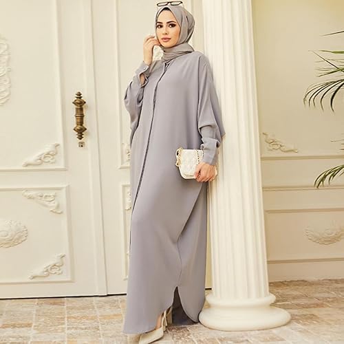 Muslim Dresses for Women Abaya Button Down Henley Shirt Prayer Dress  Batwing Long Sleeve Middle East Arabian Robe Dubai Islamic Ladies  Conservative Floor Length Kaftan for Ramadan Party Gray One Size in