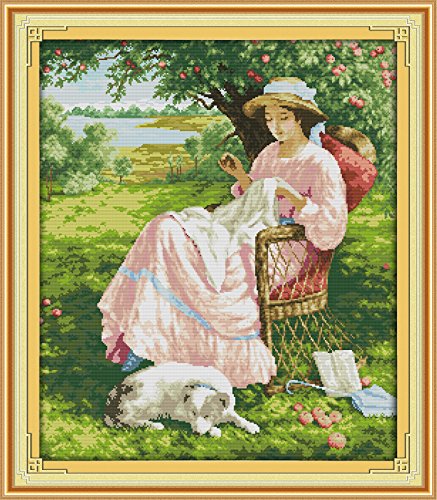 Cross Stitch Embroidery Starter Kit Including 11ct Classic Reserve Aida Colored Threads And Tools The woman under an apple tree (No Frame)