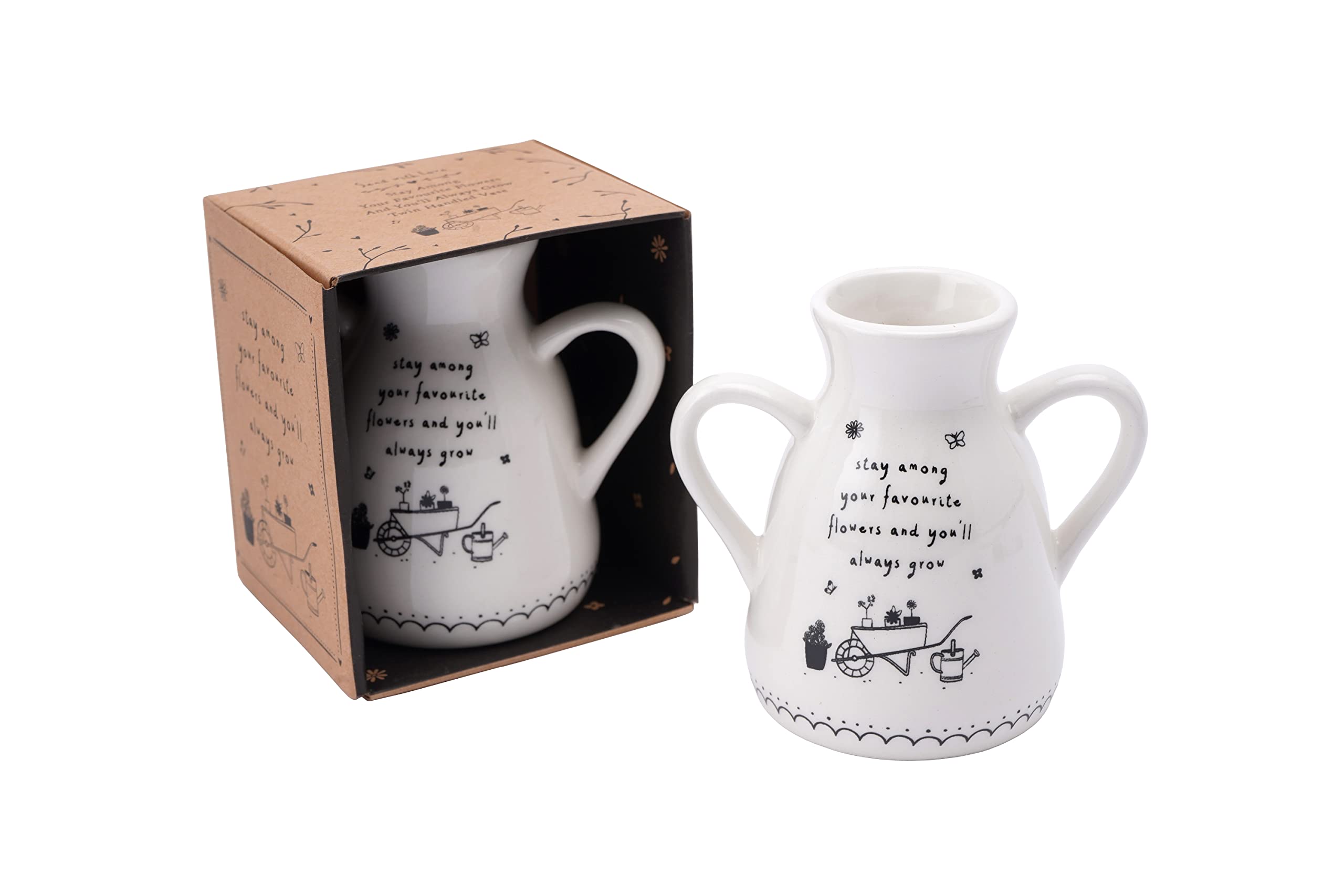 CGB Giftware | Twin Handle Ceramic Bud Vase | ‘Stay Among Your Favourite Flowers…’ | Positive Growth Slogan | Gardening Design | White Black | Gift Box | Send With Love Range | GB06497