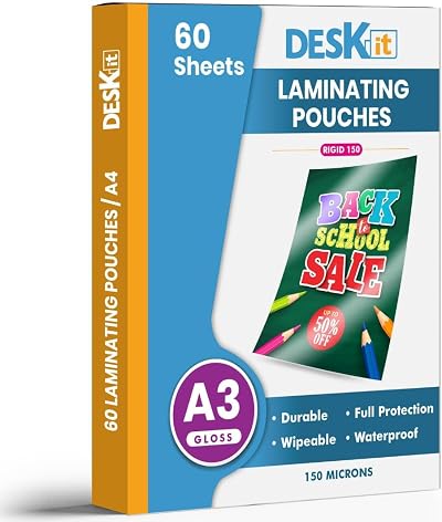 Deskit A3 Laminating Pouches Glossy 150 Micron 60 Sheets Clear