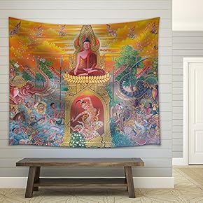 Art Thai, Mural Mythology Buddhist Religion on Wall in Wat Neramit Vipasama, Dansai, Loei, Thailand - Fabric Wall Tapestry Home Decor - 51x60 inches
