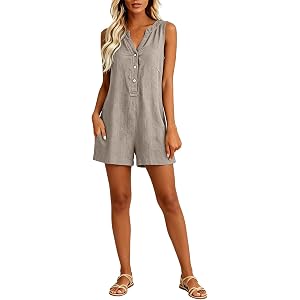 Rjognt Linen Jumpsuits for Women Dressy Casual Sleeveless V Neck Boho Short Rompers Plus Size Summer Beach Overalls 2026