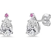 Gem Stone King 14K White Gold DEF Lab Grown Diamond and Pink Created Sapphire Stud Earrings for Women | 1.50 Cttw | Gemstone April Birthstone | Pear Shape 8X5MM