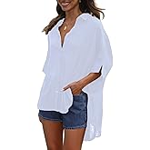 Fashionme Oversized Button Down Shirts for Women 3/4 Sleeve Flowy Ladies Tops Blouses High Low with Slits