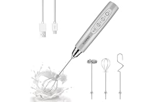 YUSWKO Rechargeable Milk Frother Handheld with 3 Heads, Silver Coffee Electric Whisk Drink Foam Mixer, Mini Hand Stirrer with 3 Speeds Adjustable for Latte, Cappuccino, Hot Chocolate, Egg