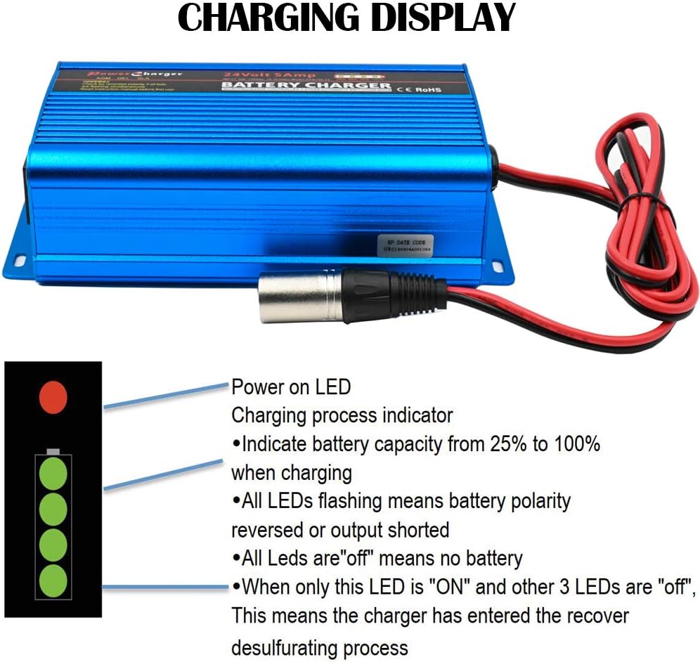 24V 5A Automatic Battery Charger Trickle Charger Battery Maintainer with 3-Pin XLR Connector for Scooter Wheelchair Car Motorcycle eBike Lawn Mower Marine Boat: Automotive