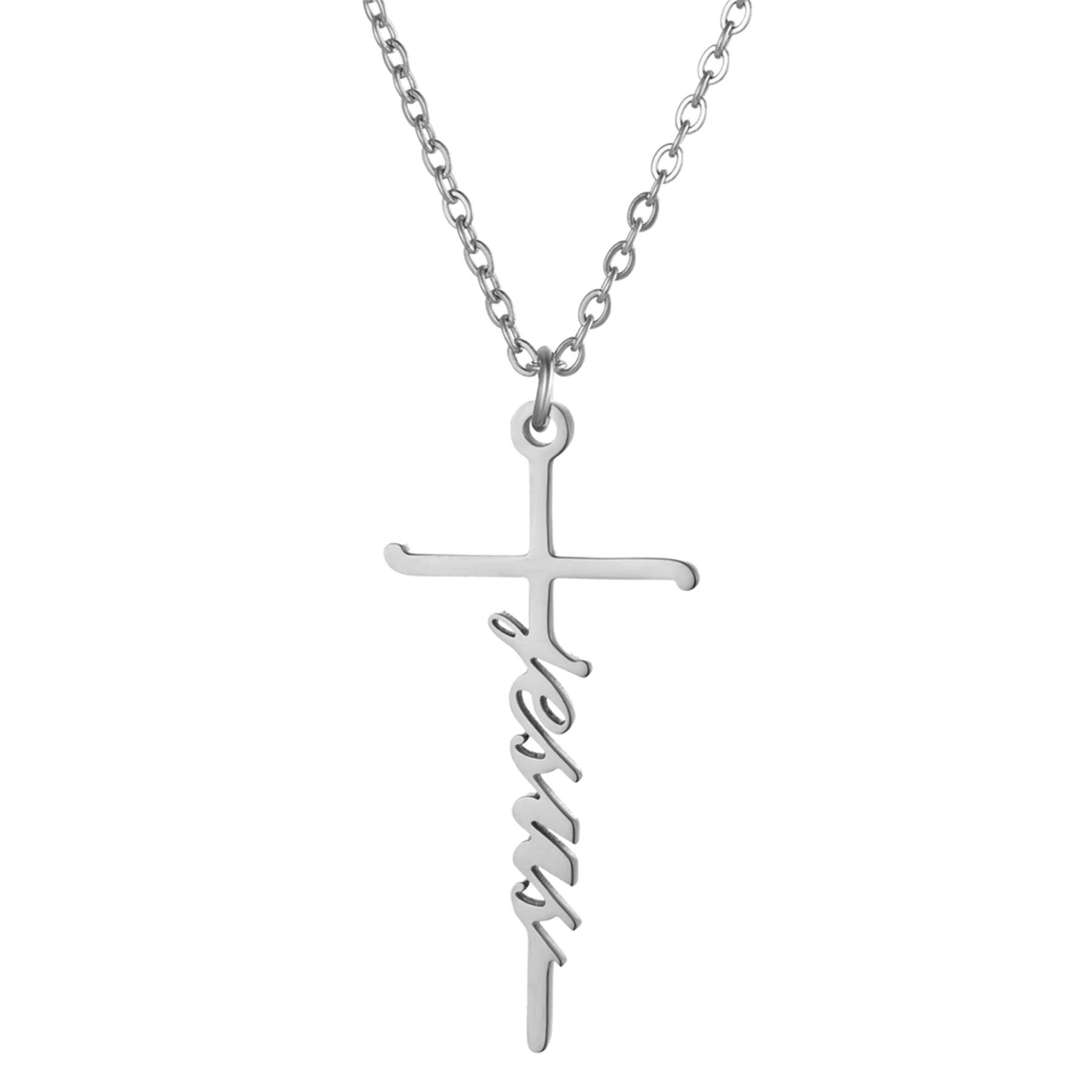 JewelryWe Faith Cross Necklace,Silver/Gold Tone Personalised Love Hope Believe Pendant Necklace Christian Religious Inspirational Jewelry for Women Girls