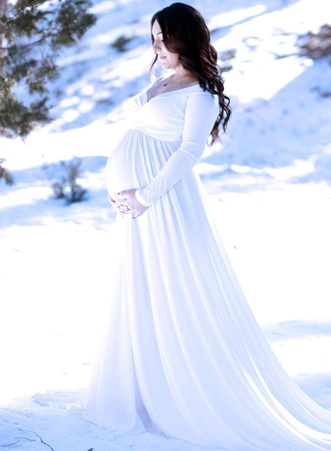 Maternity Off Shoulders Half Circle Gown for Baby Shower Photo Props Dress,V Neck Long Sleeve Maxi Photography Dress (Off Shoulder White, L)