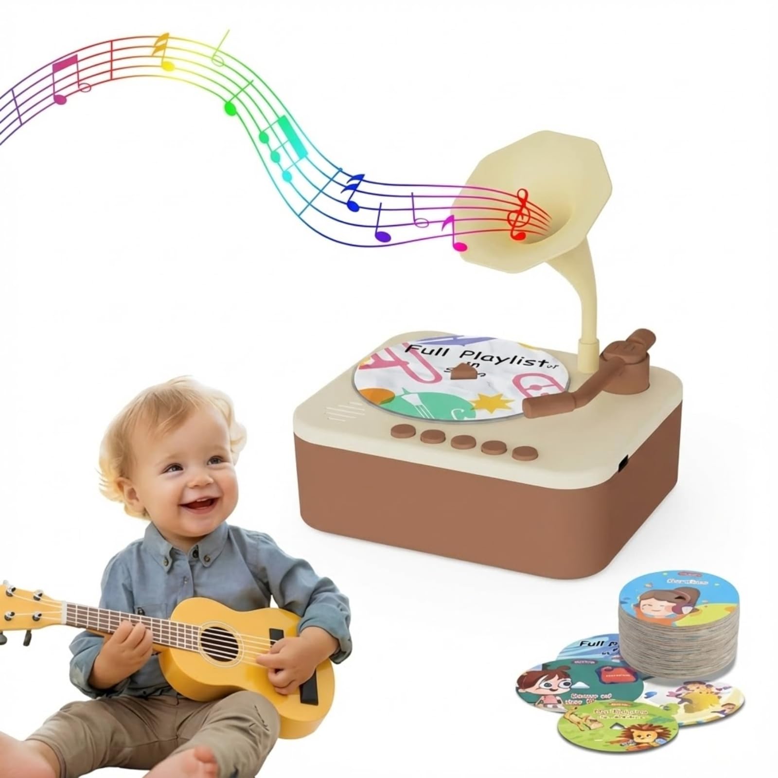 Kids Phonograph Educational Musical Story Player, Educational Toy with 43 Stories and 26 Songs, Design with 96 Cards, Early Learning Gift for Children 3-6 Years ,Birthday Xmas Toy Gift (Brown)