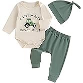 Frietlebird Newborn Baby Boy Clothes Long Sleeve Letter Tractor Print Romper and Pants with Hat Coming Home Outfit 3Pcs