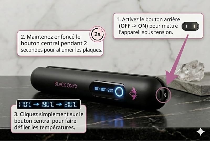 Black Onyx – Anionischer Haarglätter, kabellos, 2-in-1, Glätten & Locken, USB-C wiederaufladbar, tragbar, Reisen, 3 einstellbare Temperaturen (170°C/190°C/210°C), Akku 5000 mAh, Keramikplatten