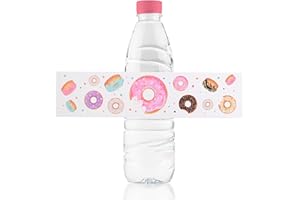URROMA 50 Pcs Donut Bottle Labels, Waterproof Water Bottle Stickers Birthday Party Decor Favors Party Supplies for Girl Baby Shower