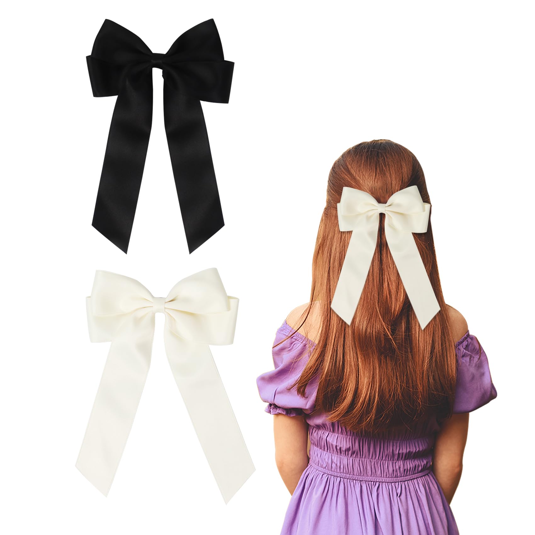 2 Pack Large Bow Clips - Black & Beige Hair Bows for Women & Girls — image 1