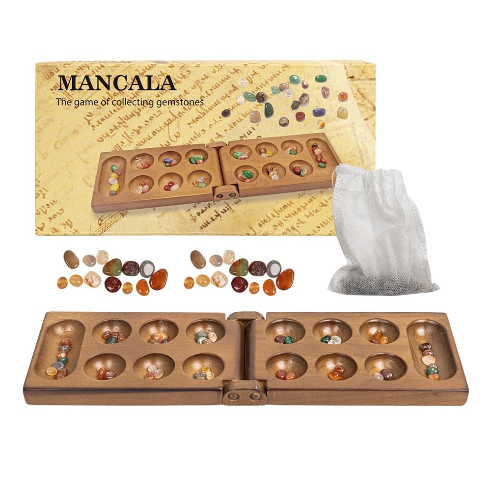 WodGod Classic Mancala Game | Premium Wooden Mancala Board with Colorful Glass Stones | Strategic Board Game for Family and Friends