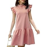 AIWUFLY Women’s Ruffle Sleeve Mini Dress Summer Casual Crewneck Flowy A Line Short Babydoll Dress with Tiered Hem Lightweight Pullover Sundress Pink L