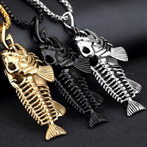 Long Sweater Chain Pendant Necklace Cuekondy Fish Bone & Fishing Hook Skeleton Stainless Steel Charm Statement Jewelry for Men Women Girls (Black)