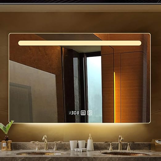 Amazon Com Wall Mounted Vanity Mirrors Illuminated Led Bathroom Mirror Anti Fog Led Makeup Mirrors With Lights Touch Switch Control Demister Digital Clock Temperature Display Home Kitchen amazon com wall mounted vanity mirrors