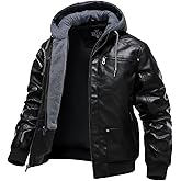 HOOD CREW Men’s Faux Leather Jackets Vintage Motorcycle Bomber jacket with Removable Hood