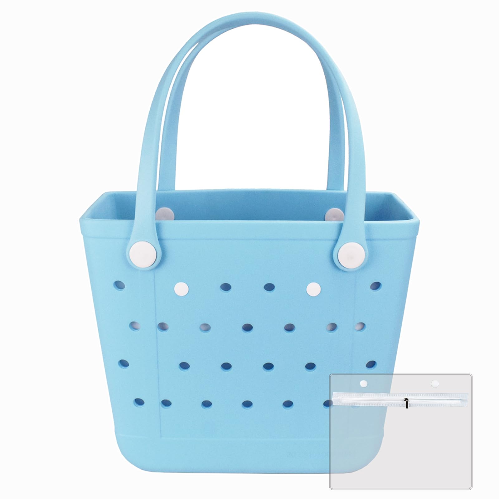 Photo 1 of **MISSING CARRYING STRAPS** Juyeesm Medium Beach Bag, Waterproof Rubber Beach Bag, Washable Open Tote Bag Durable Tote Travel Bags for Outdoor Sport(Baby Blue,Medium(14.5 * 12.8 * 6in))