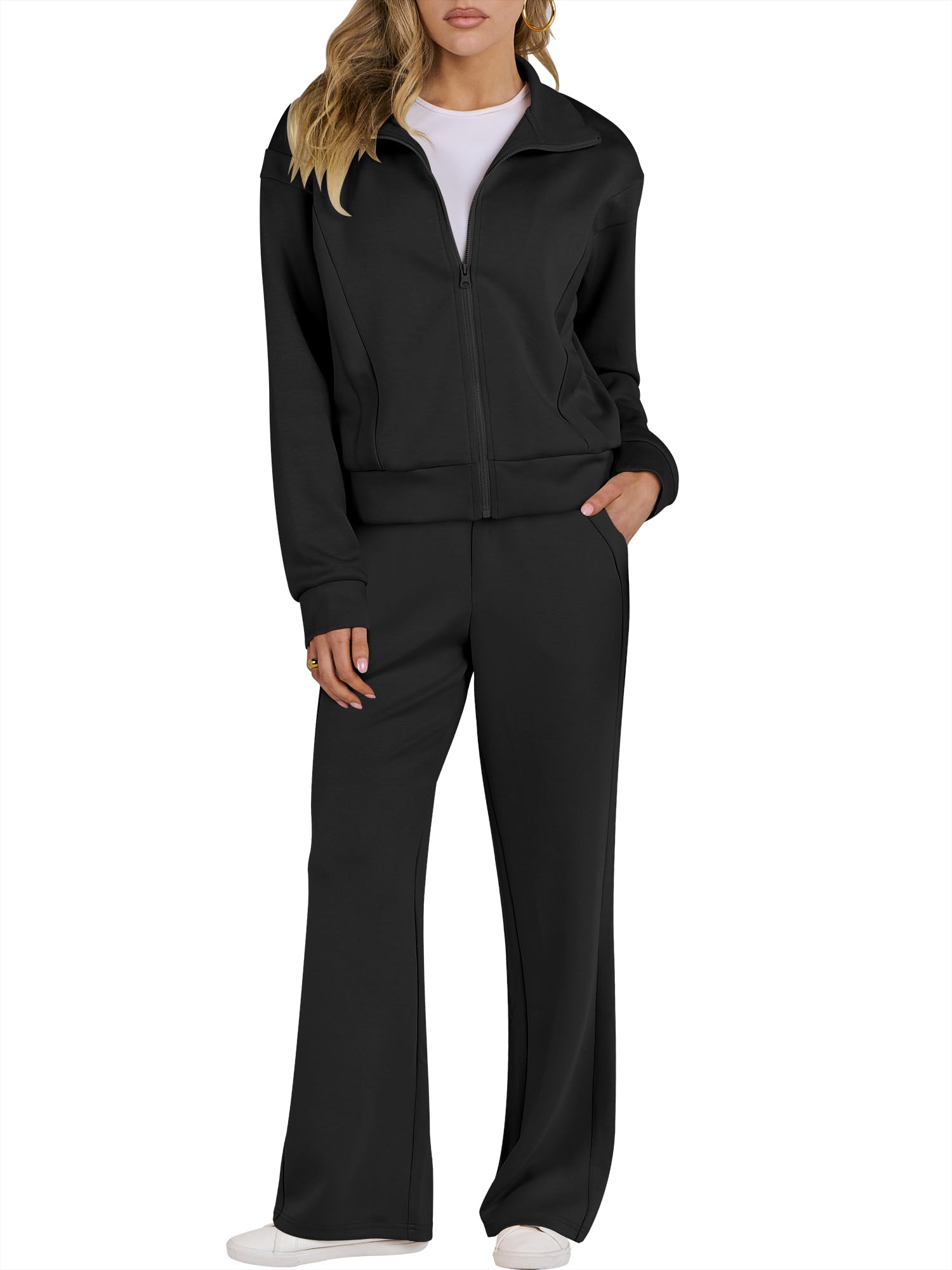 Photo 1 of *** PARTIAL SET *** ANRABESS Lounge Sets for Women 2 Piece Outfits Sweatsuit Fall Zip Up Sweatshirts Wide Leg Pants Matching Sweat Set Tracksuit Black, SMALL