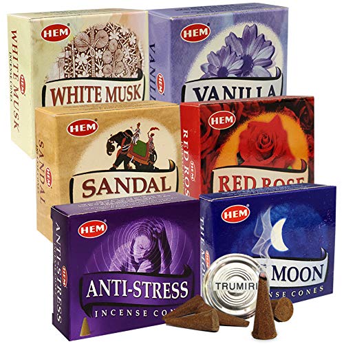 Hem Incense Cones Variety Pack 6 and Cone Incense Burner Bundle with 6