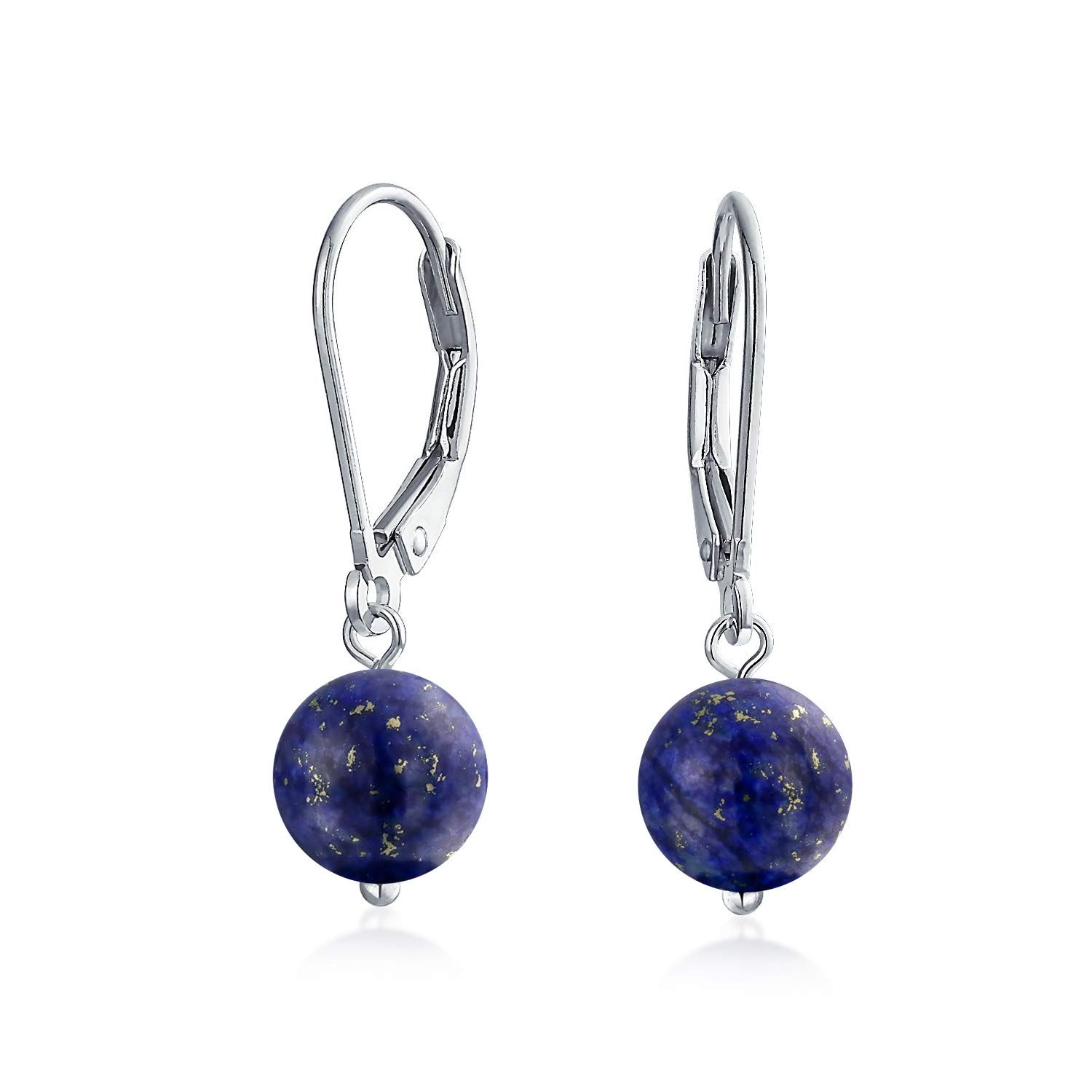 Simple Plain Navy Blue Lapis Lazuli Gemstone Round Dangle Lever back Ball Drop Earrings For Women .925 Sterling Silver — image 1