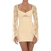 Zebaexf Women's Lace Mini Dress Mesh Dress Long Puff Sleeve Mini Bodycon Party Clubwear for Women