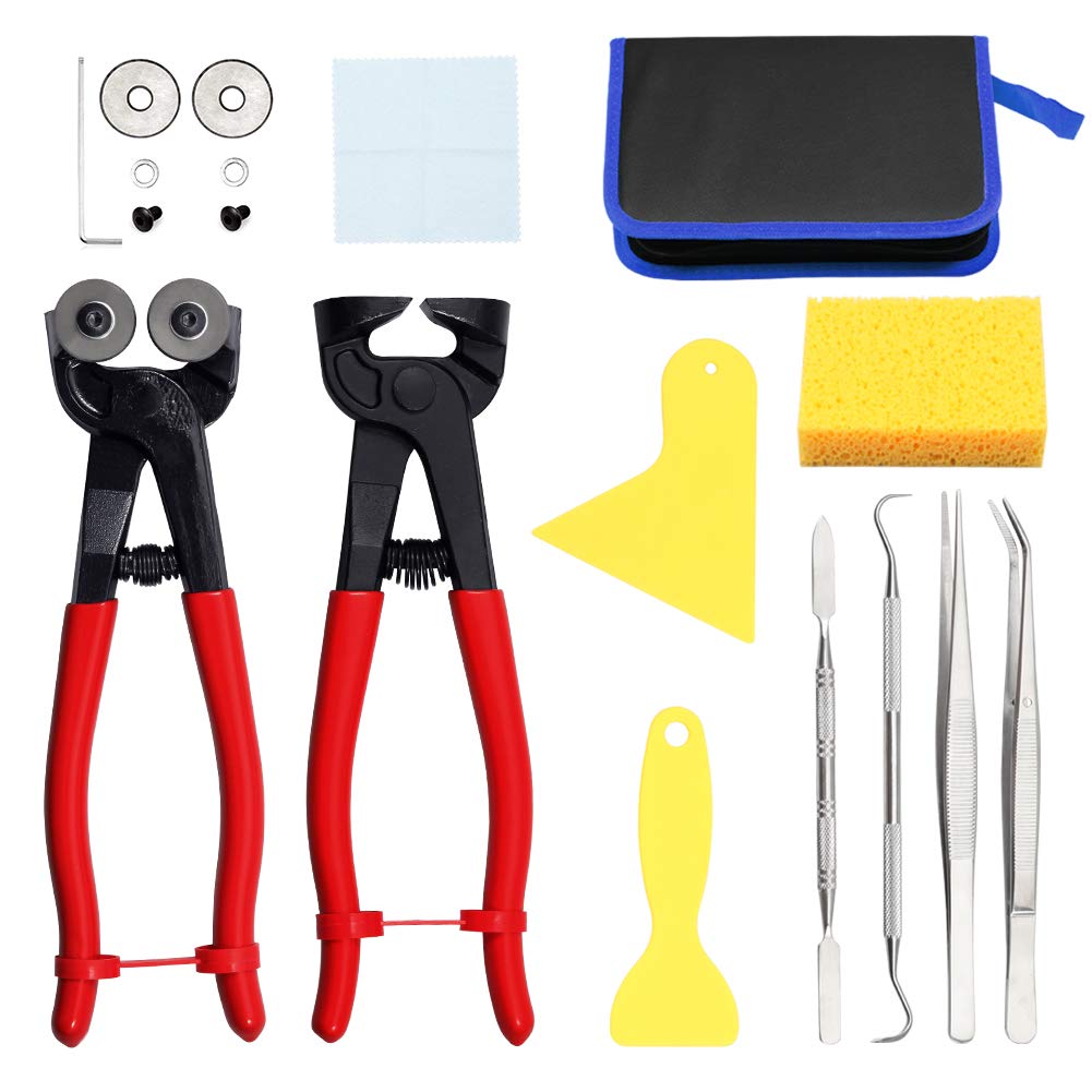 SPEEDWOX 18PCS Mosaic Tools for Adults Ceramic Tile Nippers Mosaic Cutting Pliers with Replacement Cutting Wheel Scrapers Tweezers Double-Ended Hook Spatula Sponge Cleaning Cloth Leather Zipper Bag