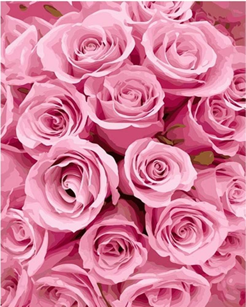 YEESAM ART Paint by Numbers for Adults Beginners Pink Rose Flowers 16x20 inch Linen Canvas Acrylic DIY Number Painting Kits Wall Art Decor Gifts