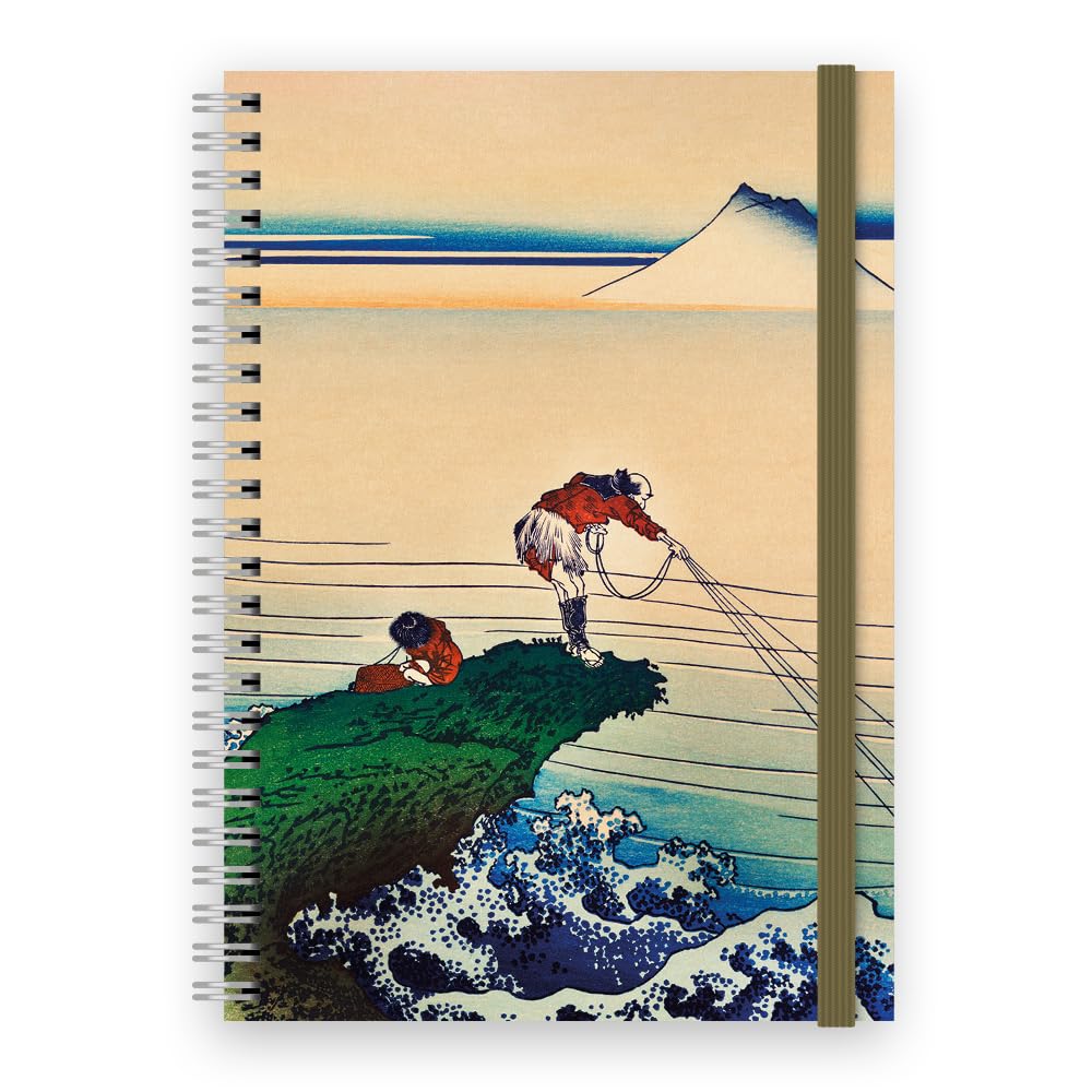Cauliflower Journals A5 Spiral Bound Journal Notebook Hokusai Japanese Artist, Fisherman Themed Cover Design, 120 Ruled Pages, Double Pocket and Elastic Page Divider (Kajikazawa_in_Kai_Province)